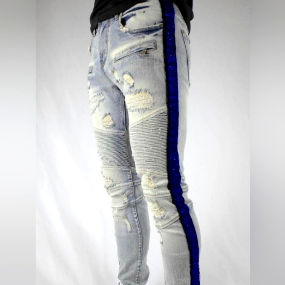 RHINESTONE STRIPED BLUE JEANS